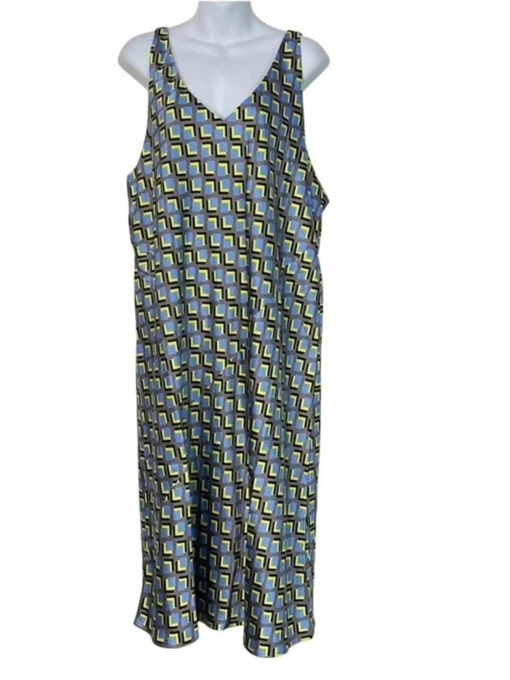 The Empower Satin Silk Dress Cubic Geo Print